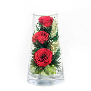Красные розы в зеленой корзине в высоком конусообразном цилиндре