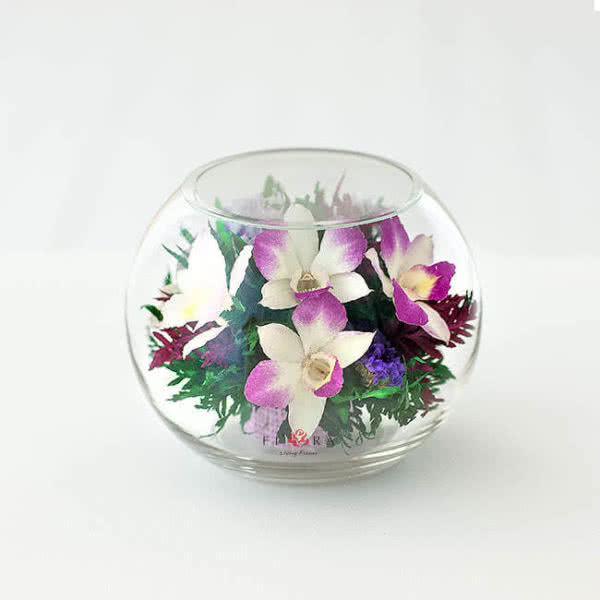 Фиолетово-белые и сиренево-белые орхидеи в средней круглой вазе