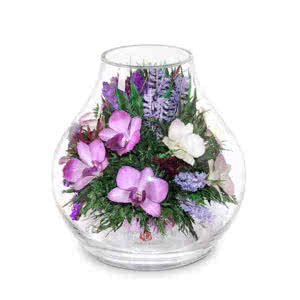 Фиолетово-белые и сиренево-белые орхидеи в большом бутоне розы