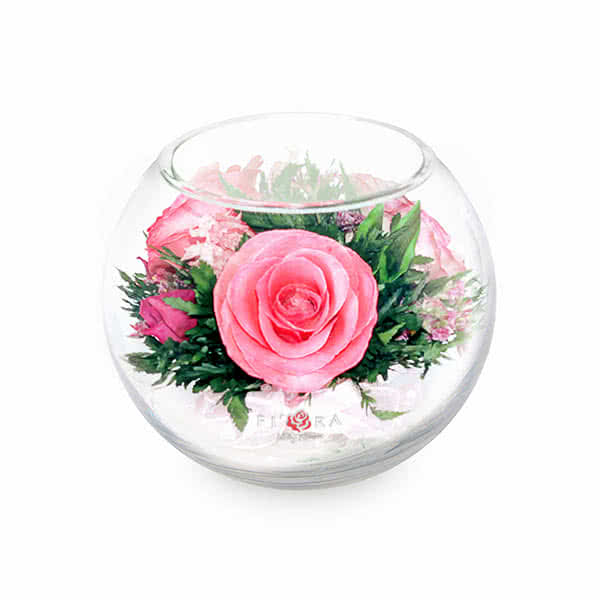 Ярко-розовые и светло-розовые розы в малой круглой вазе