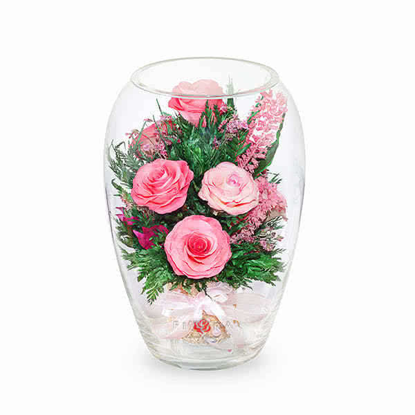 Ярко-розовые и светло-розовые розы в вазе большой эллипс