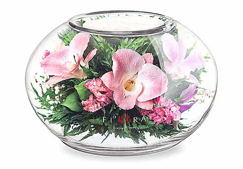 Цветы в стекле (вакууме) - Розовато-белые и фиолетовые орхидеи с айвори розами в вазе большой круглый подсвечник - 42492