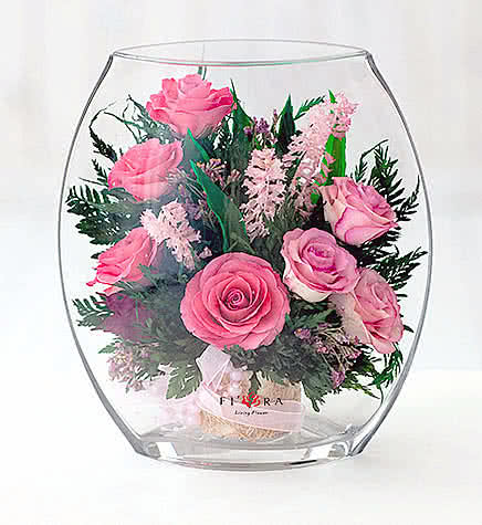 Цветы в стекле (вакууме) - Ярко-розовые и светло-розовые розы в плоской овальной вазе - 48654