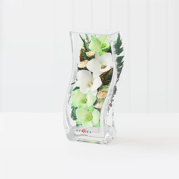 Белые и бело-зеленые орхидеи с диантусами в изогнутой вазе