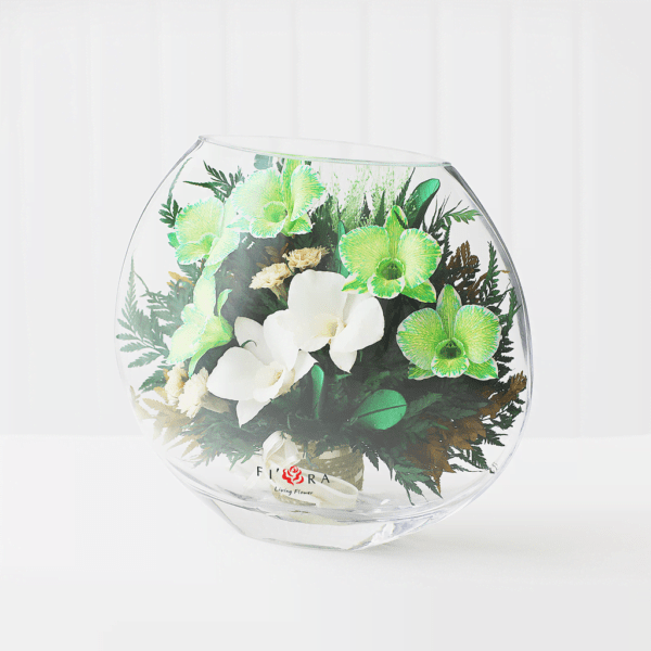 Орхидеи с диантусами в малой плоской вазе