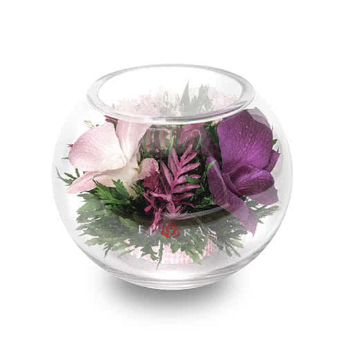 Розоватые и сиреневые орхидеи в круглой вазе