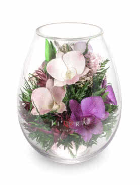 Розовато-белые и сиреневые орхидеи в малой каплевидной вазе