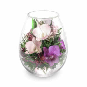 Розовато-белые и сиреневые орхидеи в малой каплевидной вазе