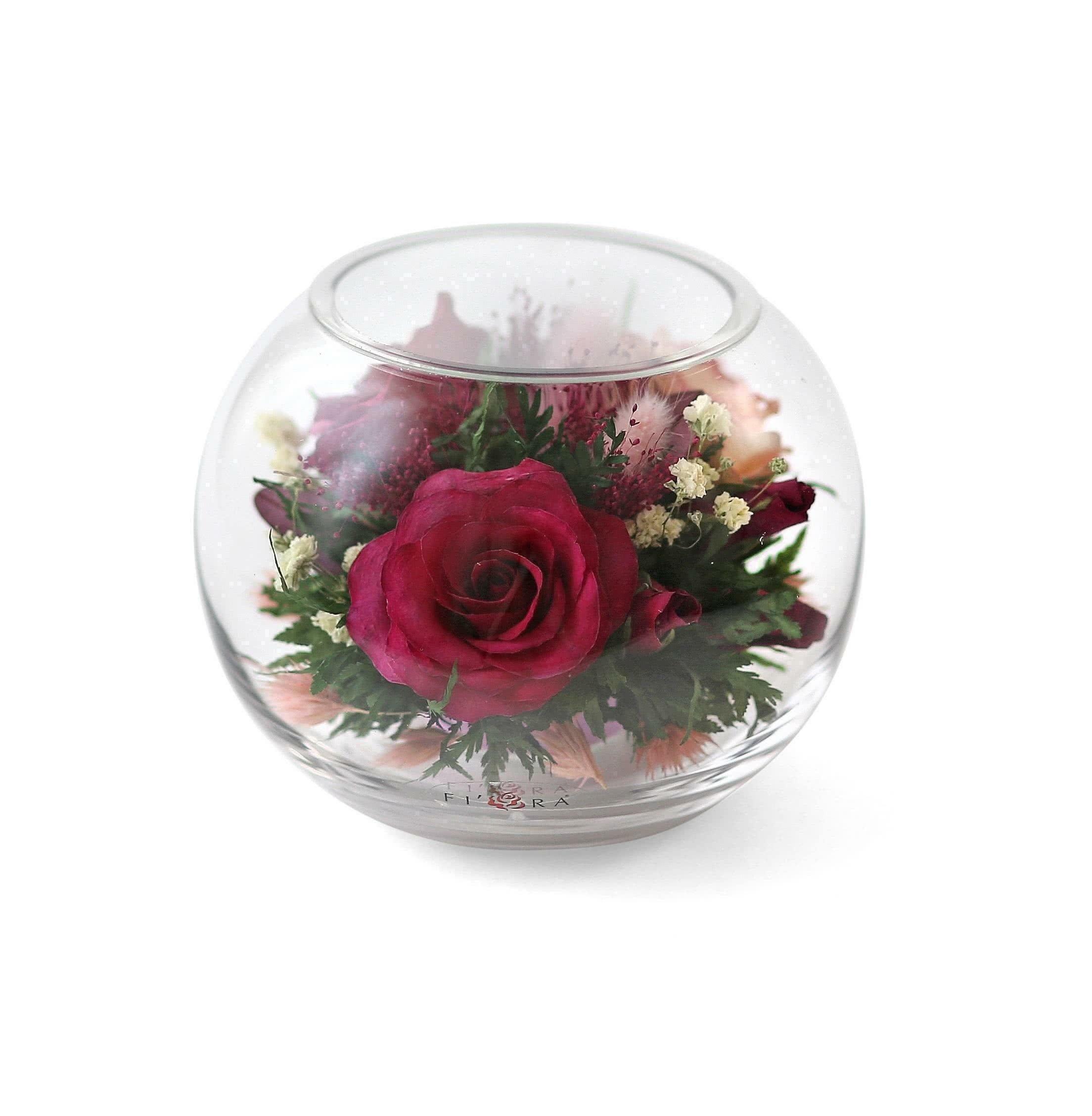 Fiora, Гранатовые и светло-розовые розы в круглой вазе – Интернет-магазинцветов в стекле \